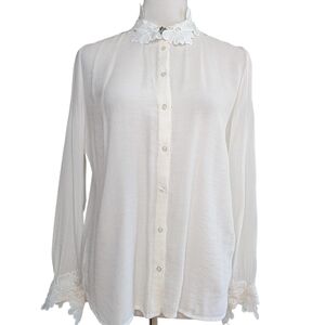Maje Cassi Blanc Lace Collar Voile Blouse Size 1 Small